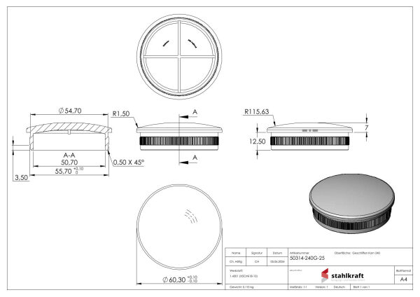 Rohrabschlussstopfen, für Rohr 60,3x2,5mm, leicht gewölbt, zum Einschlagen, mit Rändelung, hohl, V2A
