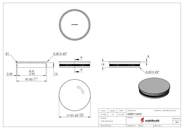 Rohrabschlussstopfen, für Rohr 101,6x2,0mm, flach, zum Einschlagen, mit Rändelung, hohl, V2A