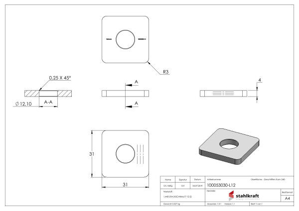 Einsteckkappe zum Aufschweißen mit Bohrung 12,1mm, für Quadratrohr 30x30mm, geschliffen, V4A