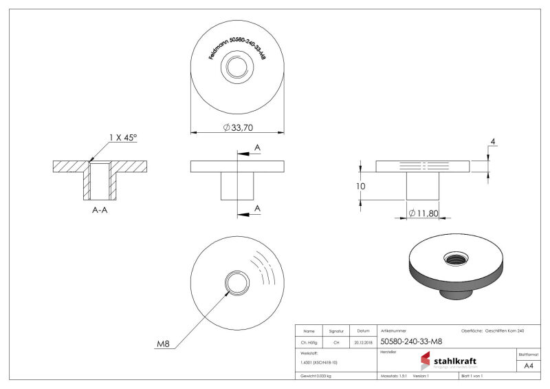 Platte, Ø 33,7mm, t: 4mm, mit Innengewinde M8, flach, zum Aufschweißen, V2A