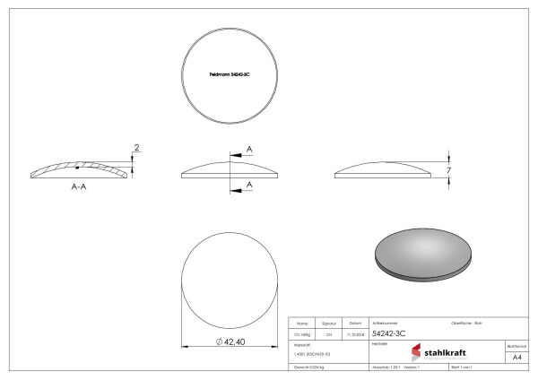 Gewölbte Schale Ø 42,4x2,0mm, H: 7mm, roh, V2A