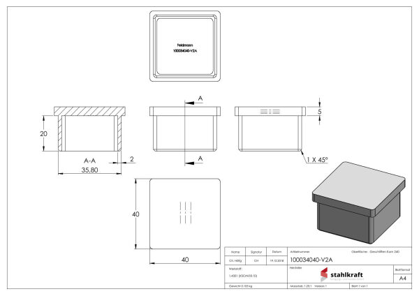Einsteckkappe, für Quadratrohr 40x40x2,0mm, V2A