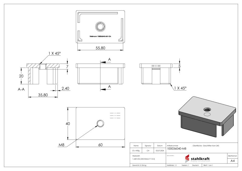Einsteckkappe, für Rechteckrohr 60x40x2,0mm, mit Gewinde M8, V4A