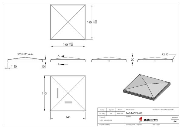 Pyramidenkappe, für Rohr 140x140mm, geschliffen, V2A