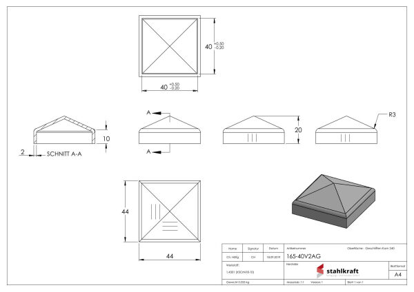 Pyramidenkappe, für Rohr 40x40mm, geschliffen, V2A