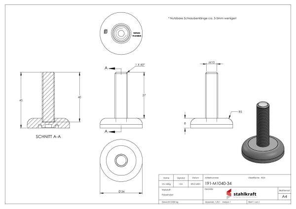 Stellfuß mit Bodenausgleichsschraube, Fuß-Ø 34mm, M10x40