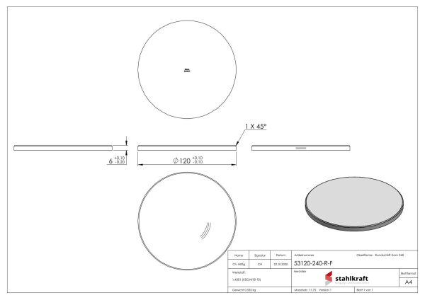 Ronde, Ø 120x6mm, mit Rundschliff und Fase, V2A
