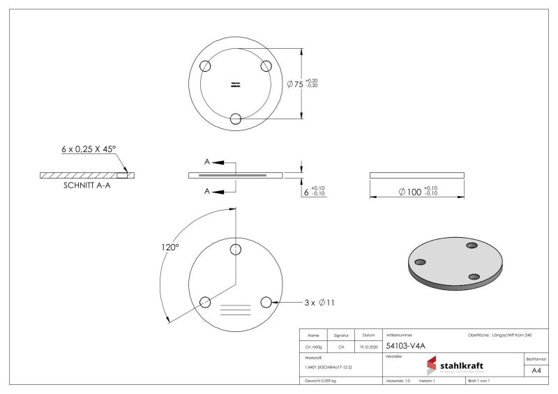 Ankerplatte, Ø 100x6mm, 3x 11mm Bohrung, mit Längsschliff, V4A