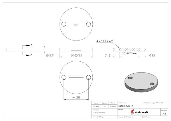 Ankerplatte, Ø 100x10mm, 2x 13mm Bohrung, mit Längsschliff, V2A
