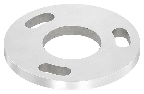 Ankerplatte, Ø 100x8mm, 3x 13x 25mm Langloch und 1x 42,8mm Bohrung, mit Längsschliff, V2A
