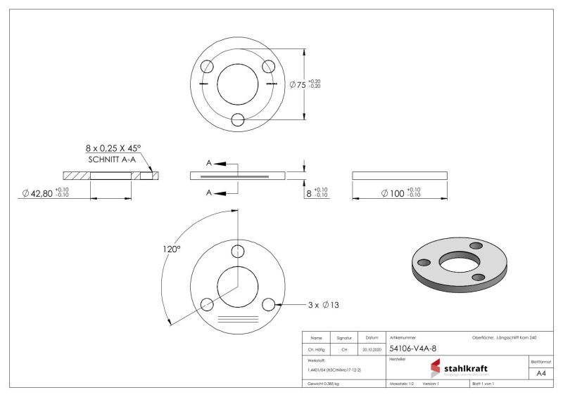 Ankerplatte, Ø 100x8mm, 3x 13mm und 1x 42,8mm Bohrung, mit Längsschliff, V4A