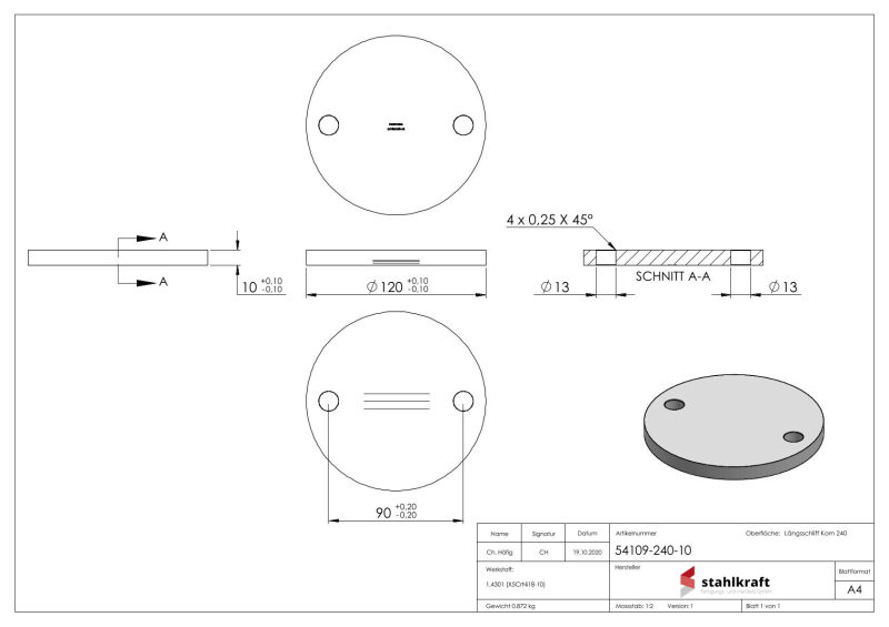 Ankerplatte, Ø 120x10mm, 2x 13mm Bohrung, mit Längsschliff, V2A