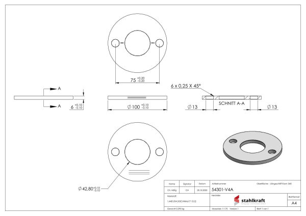 Ankerplatte, Ø 100x6mm, 2x 13mm und 1x 42,8mm Bohrung, mit Längsschliff, V4A