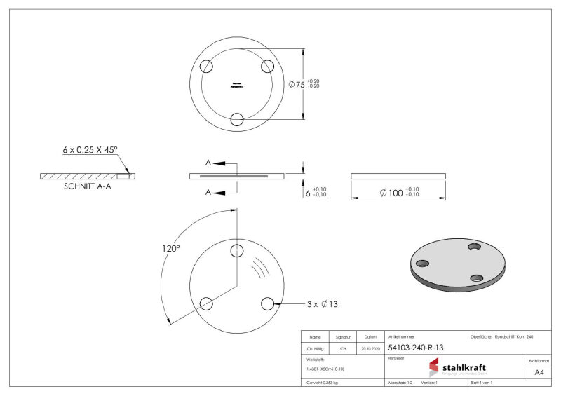 Ankerplatte, Ø 100x6mm, 3x 13mm Bohrung, mit Rundschliff, V2A
