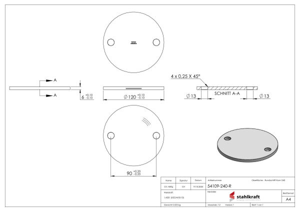Ankerplatte, Ø 120x6mm, 2x 13mm Bohrung, mit Rundschliff, V2A