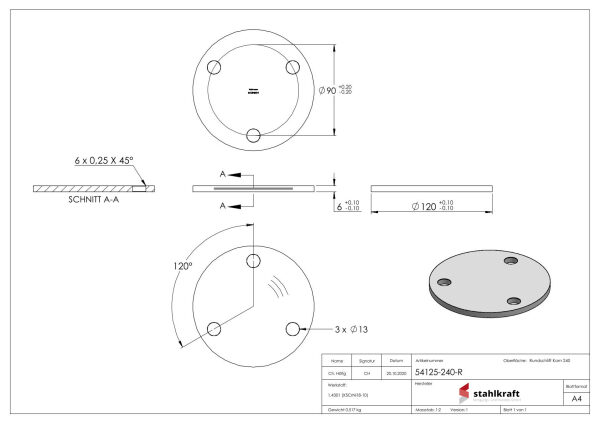 Ankerplatte, Ø 120x6mm, 3x 13mm Bohrung, mit Rundschliff, V2A