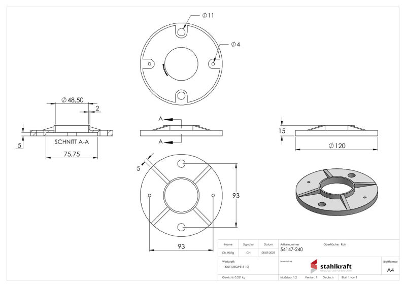 Ankerplatte, Ø 120x8mm, 2x 11mm und 2x 4mm Bohrung, Mittelbohrung 60,5mm, roh, V2A