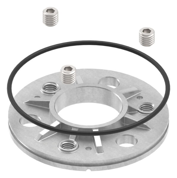 Ankerplatte mit Gummiring, Ø 103,5x8mm, Kompletthöhe 15mm, 3x 13mm Bohrung, Mittelbohrung 42,8mm, roh, V2A 
passende Abdeckrosette = 50152-240