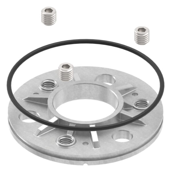 Ankerplatte mit Gummiring, Ø 103,5x8mm, Kompletthöhe 15mm, 3x 13mm Bohrung, Mittelbohrung 42,8mm, roh, V4A 
passende Abdeckrosette = 50152-V4A