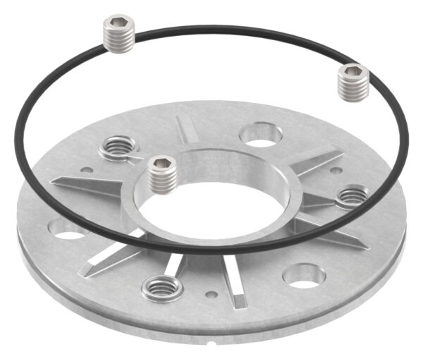 Ankerplatte mit Gummiring, Ø 123,5x8mm, Kompletthöhe 15mm, 3x 13mm Bohrung, Mittelbohrung 48,7mm, roh, V2A 
passende Abdeckrosette = 50841-240