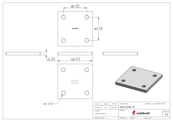Ankerplatte, 120x120x10mm, 4x 13mm Bohrung, mit Längsschliff, V2A