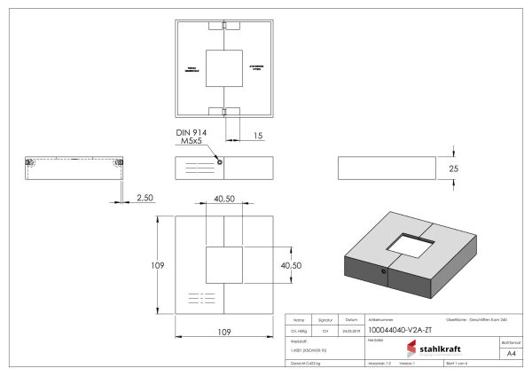 Abdeckrosette quadratisch, 109x109x25mm, mit Bohrung 40,5x40,5mm, t: 2,5mm, geschliffen Korn 240, zweiteilig zur nachträglichen Montage, V2A
