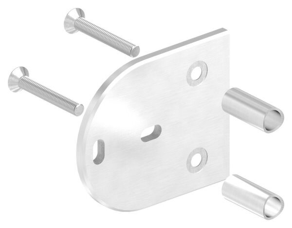 Endhalterung für Geländerpfosten, Platte 120x100x6mm, mit 2x Langloch 11x15mm, mit 2 Distanzhülsen, Wandabstand: 50mm, für Rohr 42,4mm, Schrauben M8x65, V2A