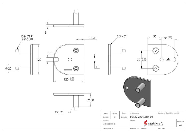 Endhalterung für Geländerpfosten, Platte 120x8mm, mit 2x 20x11mm Langloch, mit 2 Distanzhülsen, Wandabstand: 53mm, für Rohr 42,4mm, Schrauben M10x70, V2A
Endhalterung für Geländerpfosten, Platte 120x100x6mm, mit 2x Langloch 11x15mm, mit 2 Distanzhülsen, W