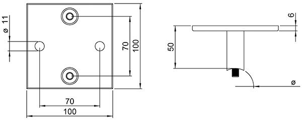 Wandbefestigung für Geländerpfosten, Platte 100x100x6mm, mit 2x Langloch 11x15mm, mit 2 Distanzhülsen, Wandabstand: 50mm, für Rohr 42,4mm, Schrauben M8x65, V2A
