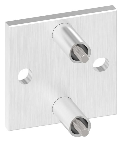 Wandbefestigung für Geländerpfosten, Platte 100x100x10mm, mit 2x Langloch 13x15mm, mit 2 Distanzhülsen, Wandabstand: 50mm, für Rohr 42,4mm, Schrauben M8x65, V2A