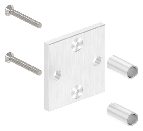 Wandbefestigung für Geländerpfosten, Platte 100x100x10mm, mit 2x Langloch 13x15mm, mit 2 Distanzhülsen, Wandabstand: 50mm, für Rohr 42,4mm, Schrauben M8x65, V2A