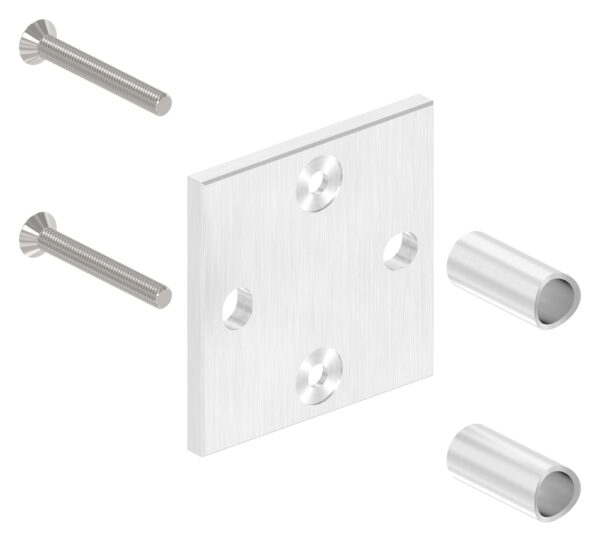 Wandbefestigung für Geländerpfosten, Platte 100x100x8mm, mit 2x Langloch 13x15mm, mit 2 Distanzhülsen, Wandabstand: 50mm, für Rohr 42,4mm, Schrauben M8x65, V2A