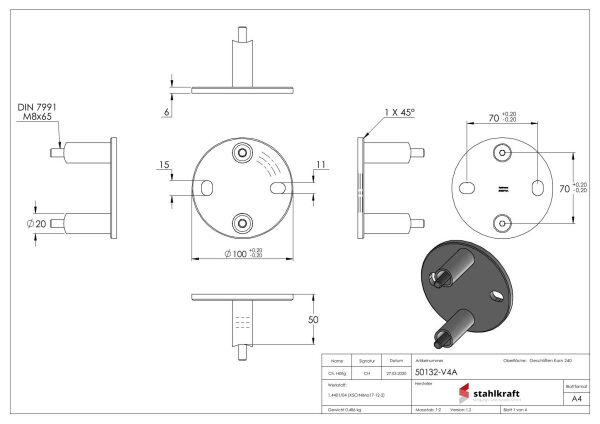 Wandbefestigung für Geländerpfosten, Platte 100x6mm, mit 2x 11mm Bohrung, mit 2 Distanzhülsen, Wandabstand: 50mm, für Rohr 42,4mm, Schrauben M8x70, V4A
