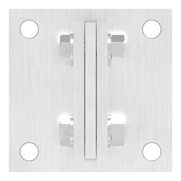 Wandbefestigung für Geländerpfosten, flexibel in alle Richtungen verstellbar, Platte: 120x120x8mm, mit 4x 13mm Bohrungen, Lasche: 100x100x8mm mit 2x 25x13mm Langloch, Wandabstand variabel, V2A