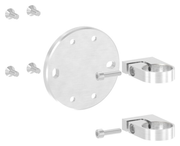 Wandbefestigung für Geländerpfosten, Platte 120x10mm, mit 2x 15x11mm Langloch, mit 2 Spannringen, Wandabstand: 45mm, für Rohr 42,4mm, V2A