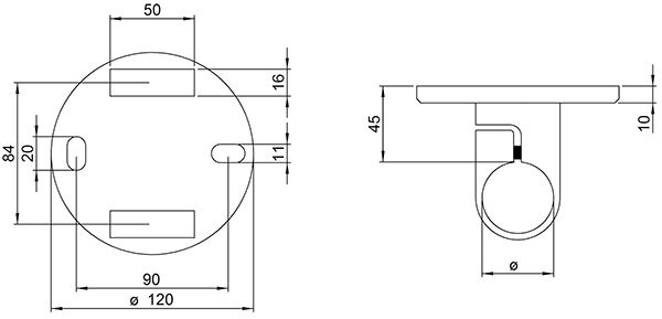 Wandbefestigung für Geländerpfosten, Platte 120x10mm, mit 2x 15x11mm Langloch, mit 2 Spannringen, Wandabstand: 45mm, für Rohr 42,4mm, V2A