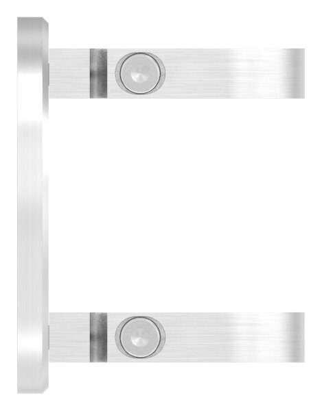 Endhalter für Geländerpfosten, Platte 120x120x10mm, mit 2x 15x11mm Langloch, mit 2 Spannringen, Wandabstand: 45mm, für Rohr 42,4mm, V2A