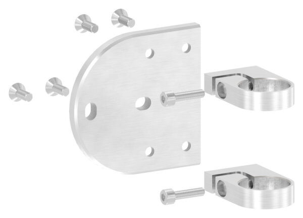Endhalter für Geländerpfosten, Platte 120x120x10mm, mit 2x 15x11mm Langloch, mit 2 Spannringen, Wandabstand: 45mm, für Rohr 42,4mm, V2A