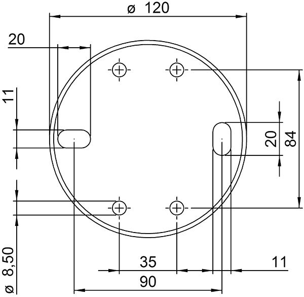 Ankerplatte, 120x10mm, mit 2x 20x11mm Langloch und 4x 8,5mm Bohrung, passend für Spannringe, V2A