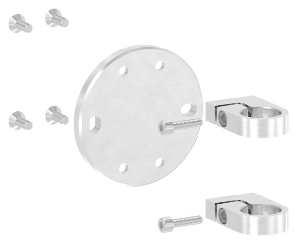 Wandbefestigung für Geländerpfosten, Platte 120x10mm, mit 2x 15x11mm Langloch, mit 2 Spannringen, Wandabstand: 45mm, für Rohr 33,7mm, V2A