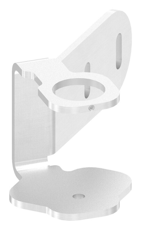 Wandbefestigung für Eck, links, für Geländerpfosten, Lasche 145x76x6mm, mit 2x 30x11mm Langlöcher, mit Flügel für sichere Glasmontage, Wandabstand passend zu 50142-240, für Rohr 42,4mm, V2A