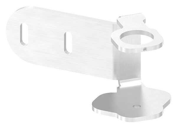 Wandbefestigung für Eck, rechts, für Geländerpfosten, Lasche 145x76x6mm, mit 2x 30x11mm Langlöcher, mit Flügel für sichere Glasmontage, Wandabstand passend zu 50142-240, für Rohr 42,4mm, V2A