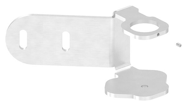 Wandbefestigung für Eck, rechts, für Geländerpfosten, Lasche 145x76x6mm, mit 2x 30x11mm Langlöcher, mit Flügel für sichere Glasmontage, Wandabstand passend zu 50142-240, für Rohr 42,4mm, V2A