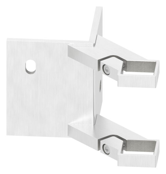 Wandbefestigung als Außenecke für Geländerpfosten zum Spannen, Platte 130x110x8mm, mit 2x Langloch 13x20mm, für Rohr 40x40mm, V2A