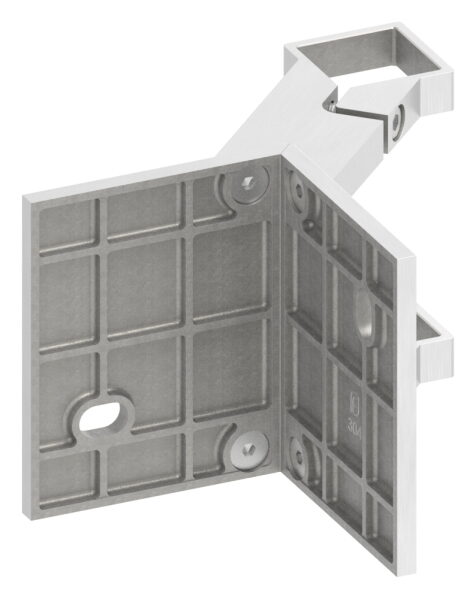 Wandbefestigung als Außenecke für Geländerpfosten zum Spannen, Platte 130x110x8mm, mit 2x Langloch 13x20mm, für Rohr 40x40mm, V2A
