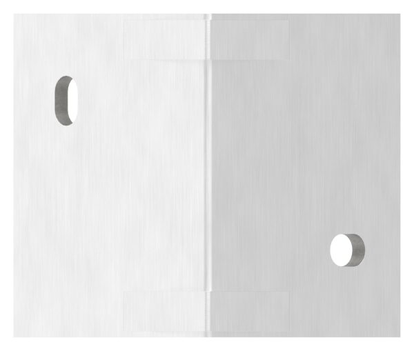 Wandbefestigung als Außenecke für Geländerpfosten zum Spannen, Platte 130x110x8mm, mit 2x Langloch 13x20mm, für Rohr 40x40mm, V2A
