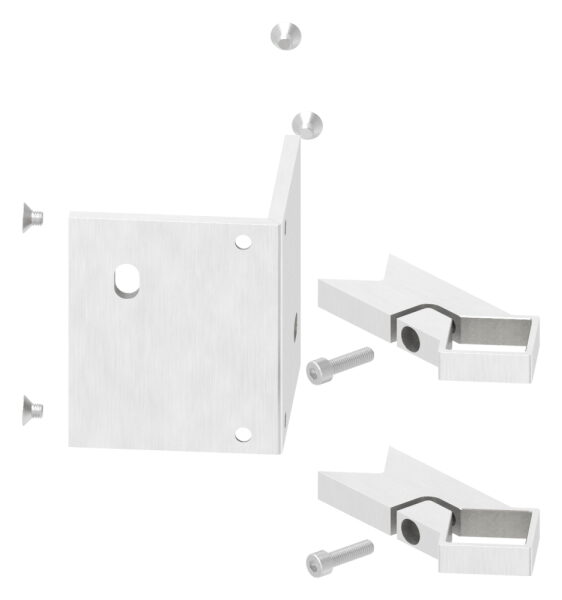 Wandbefestigung als Außenecke für Geländerpfosten zum Spannen, Platte 130x110x8mm, mit 2x Langloch 13x20mm, für Rohr 40x40mm, V2A