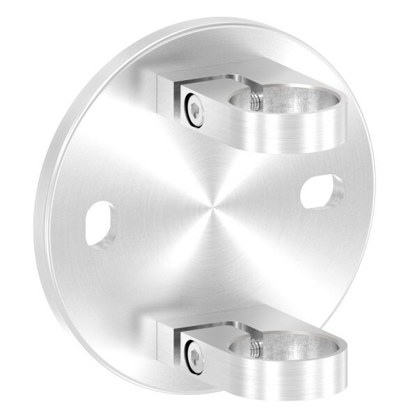 Wandbefestigung für Geländerpfosten, Platte 150x10mm, mit 2x 20x14mm Langloch, mit 2 Spannringen, Wandabstand: 45mm, für Rohr 42,4mm, V2A