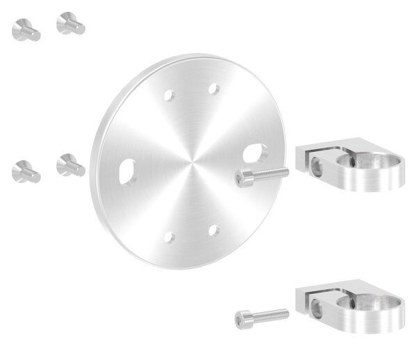 Wandbefestigung für Geländerpfosten, Platte 150x10mm, mit 2x 20x14mm Langloch, mit 2 Spannringen, Wandabstand: 45mm, für Rohr 42,4mm, V2A