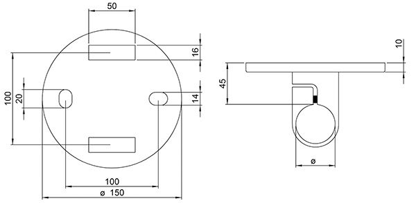 Wandbefestigung für Geländerpfosten, Platte 150x10mm, mit 2x 20x14mm Langloch, mit 2 Spannringen, Wandabstand: 45mm, für Rohr 42,4mm, V2A